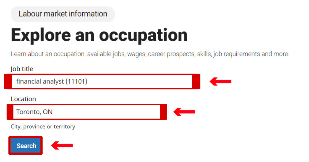 an image showing how to search for a job title in Job Bank Canada website